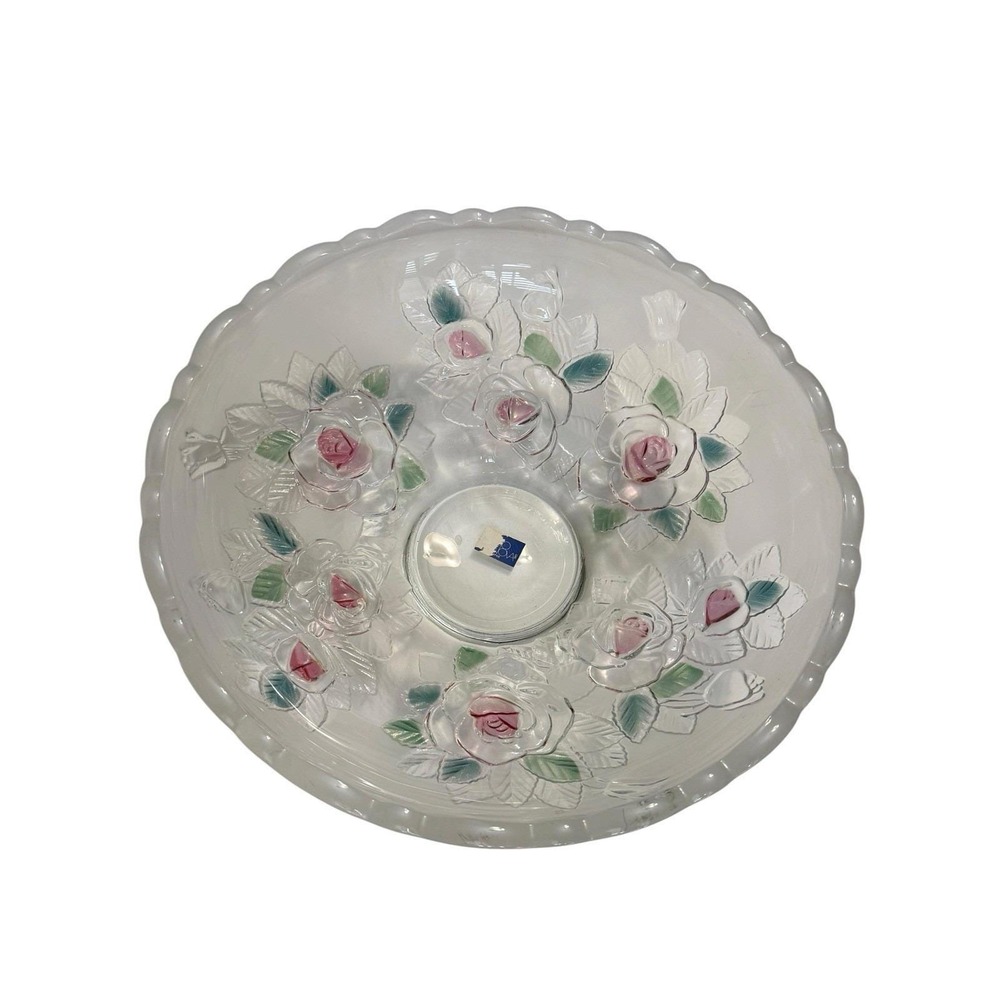 Japan Frosted Glass Rose Bowl Centerpiece Pink Floral 12" Vintage